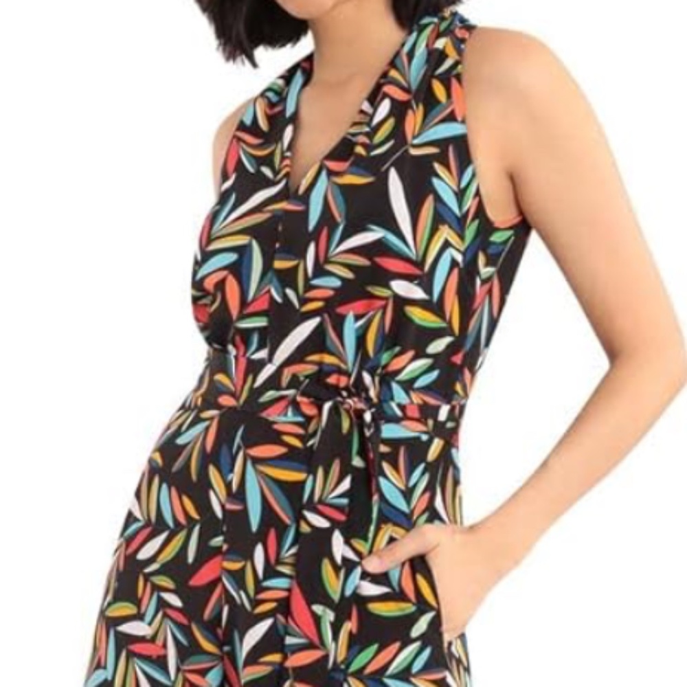 Addition Elle Black Multicolor Leaf Print Mini Dress